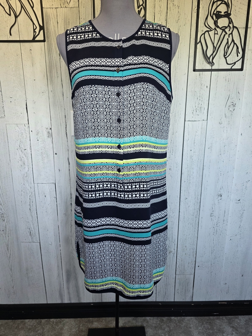 Cynthia Rowley Geometric Stripe Sleeveless Shift Dress Size 8 Black White Blue
